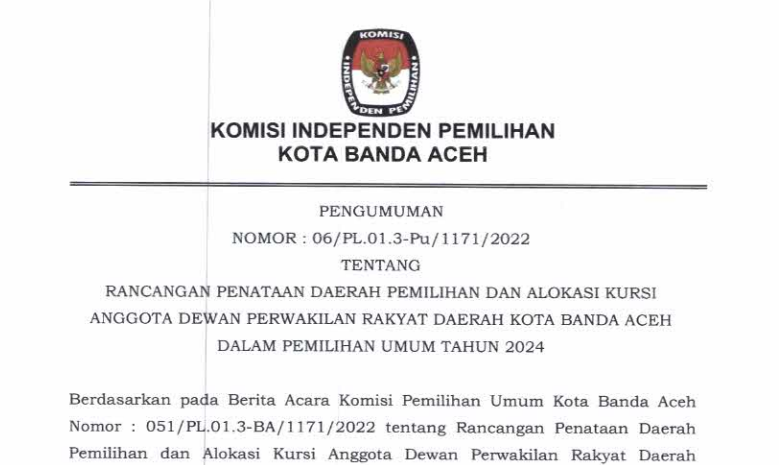 Pengumuman Rancangan Dapil Dan Alokasi Kursi Anggota Dprk Kota Banda Aceh Pemilu 2024 Kip